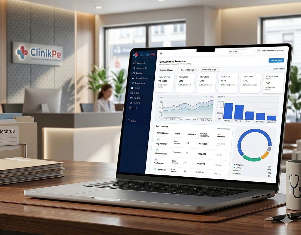 healthcare dashboard interface showing patient management, appointment scheduling, and analytics charts with network nodes representing connected clinics and laboratories