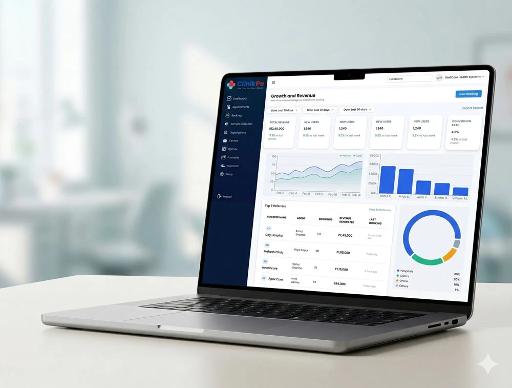 modern healthcare dashboard interface showing patient management system with appointment calendar, billing module, and analytics
